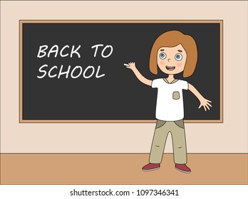 Girl standing in front of school blackboard. Welcome Back to school. The first day at school. Text on chalkboard. Education concept.