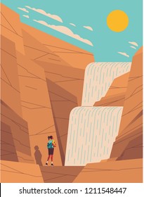 Girl standing in front of waterfall