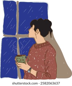 a girl is standing in front of the window with a cup of hot coffee it's raining outside the window cute minimalist live pictures coziness in the room and it's raining outside the window