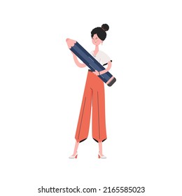 The girl is standing in full growth holding a large pencil. Isolated. Element for presentations, sites. Vector illustration