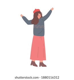 Girl Standing Hands Up, Person Having Fun, Celebrating Success, Freedom of Choice Concept Cartoon Style Vector Illustration