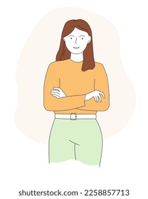 The girl is standing with her arms crossed. A woman in a closed pose smiles. Vector linear style graphics.