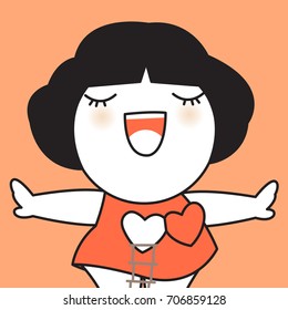GIrl Standing With Her Arms Spread Out Wide Having A Stair In Front Of A White Heart Inside Of An Orange Heart Shaped Open Door Isolated  Concept Card Character illustration