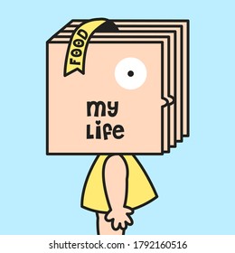 Girl Standing With Her Life File Document Head And Food Label Card Index Concept Card Character illustration