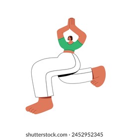 Girl standing in High Lunge pose concentrates on breathing. Woman does physical exercise, practices yoga asana at workout. Stretching, training of balance. Flat isolated vector illustration on white