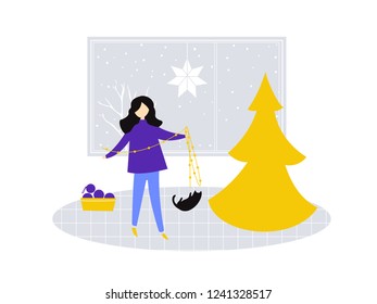 Girl standing and holding a garland, decorating a Christmas tree. Cat plays with fairy lights. Flat illustration of room, cozy winter scene.