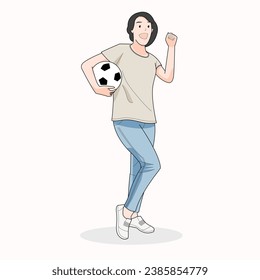 Girl standing holding soccer ball enjoy winning match game of soccer