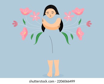 The Girl standing and hugging her self with peace of mind and calm on flower background, mental health and emotional self care concept, flat vector illustration.