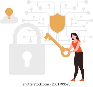A girl standing with a key near a lock.