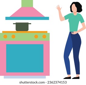 The girl is standing in the kitchen.