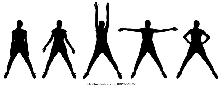 Girl is standing, legs are wide apart, her hands are moving down, up, aside, arms are on her belt. Woman is in gymnastics. Exercises. Five black female silhouettes are isolated on a white background.