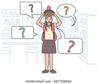  
A girl is standing in the library, stacking books on her head and looking curiously. hand drawn style vector design illustrations. 