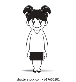 girl standing with long sleeved t-shirt & skirt in black & white vector drawing