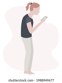 Girl is standing and looks at a smartphone, posture disorder, crooked back. Vector illustration