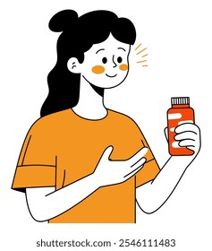 Chica de pie con una botella de medicina en la mano, simbolizando la salud y el cuidado, ilustración de bienestar - Ilustración vectorial plana