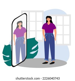 Girl standing in the mirror ilustration flat character. Self acceptance concept vector ilustration. Girl love your self.