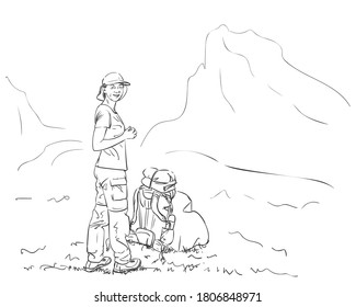 Girl is standing in mountains with backpack on ground, looking at camera and smiling, Vector sketch Hand drawn linear illustration