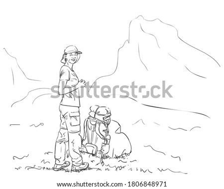 Girl is standing in mountains with backpack on ground, looking at camera and smiling, Vector sketch Hand drawn linear illustration