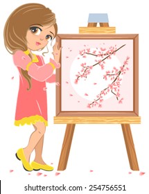 Girl standing near easel painter. Picture of cherry blossoms. Illustration in vector format