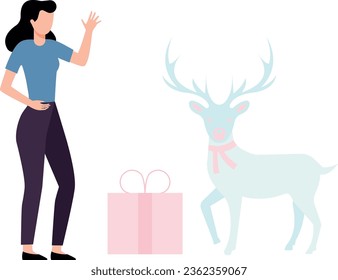 Girl standing near reindeer and Christmas presents.