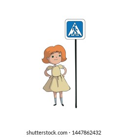 Girl is standing near a road sign. Crosswalk. Vector illustration on white background.