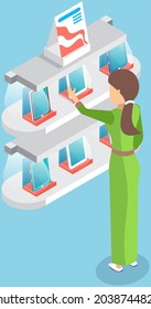 Girl standing near shelves for goods. Store furniture with digital modern devices, smartphones and tablets, for tech shop, store of mobile phones. Rack for commercial market, female seller or buyer