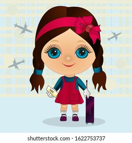 girl is standing near the suitcase at the airport on the background of airplanes flying, color vector illustration