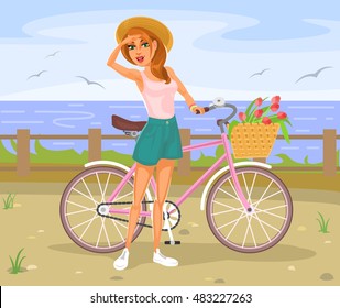 Girl standing next to a bicycle