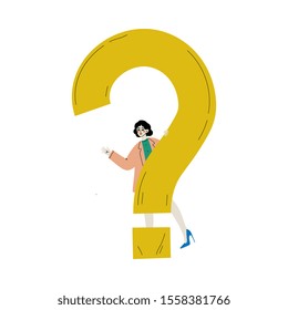 Girl Standing Next to a Big Question Mark, Young Woman Doubting, Making a Choice or Seeking Solution to a Problem Vector Illustration