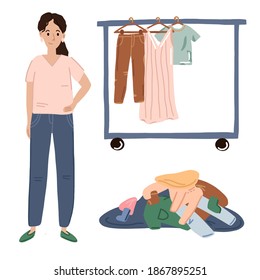 The girl is standing next to a pile of clothes. a floor hanger with clothes stands nearby. Vector illustration.