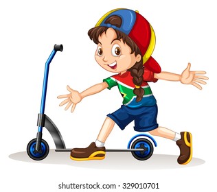 Girl standing next to scooter illustration