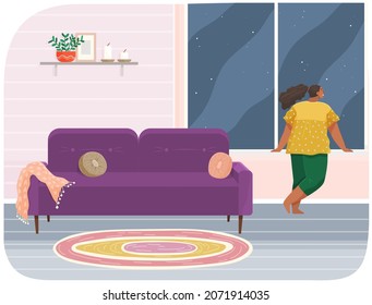 Girl standing next to windowsill and looking at moon outside window. Female character spends time at home at night. Child in children's room looks at sky. Stylish interior of room for kids