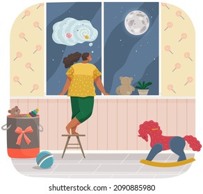 Girl standing next to windowsill and looking at moon outside window. Female character spends time at home at night. Child in children's room looks at sky, stars. Stylish interior of room for kids