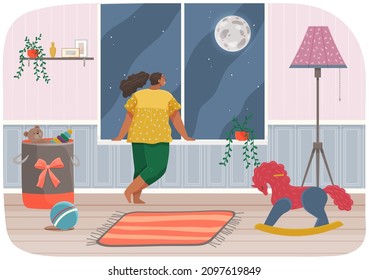 Girl standing next to windowsill and looking at moon outside window. Female character spends time at home at night. Child in children's room looks at sky. Stylish interior of room for kids