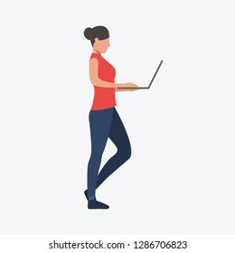 Girl standing with notebook. Computer, sitting, woman, modern life. Can be used for topics like  businessman, working, job