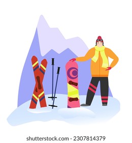 The girl is standing on the background of the mountain. Accessories for winter holidays - skis and snowboard. Flat vector illustration. For posters, advertising flyers, covers and brochures, websites