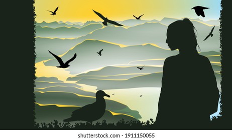 A girl is standing on the balcony against the background of mountains, a wide river and a lot of seagulls. Vector illustration copy space
