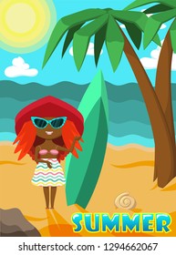 A girl standing on the beach by the sea in the sun, next to palm trees.
