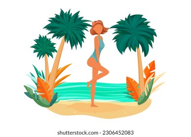 girl standing on the beach, enjoying the beauty of nature. A girl in a swimsuit relaxing on the beach, an illustration for immersion in the beauty and harmony in the embrace of nature