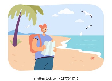 Girl standing on beach, looking at map flat vector illustration. Tourist with backpack exploring area. Vacation, investigation, navigation concept for banner, website design or landing web page