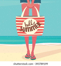 Girl standing on the beach near sea and holding a beach bag - Vacation time or annual leave concept. Vector illustration