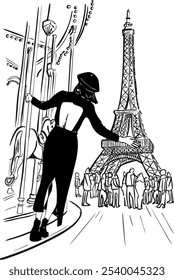 Girl standing on carousel with eiffel tower in background. Black and white illustration. Suitable for poster or postcard.