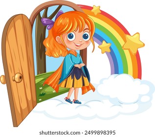 Girl standing on cloud with rainbow