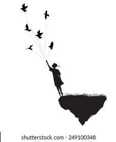 girl is standing on the edge of flying rock and holding pigeons, in the dream, shadows, silhouette.
