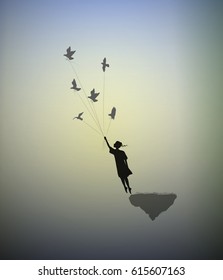 girl is standing on the edge of flying rock and holding pigeons, way in the dreamland, follow your dream, shadows, silhouette