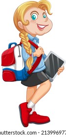 A girl standing on the floor with backpack and hold tablet cartoon character on white background illustration