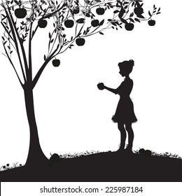 girl standing on the grass near the apple tree and holding the big apple, shadows, black and white