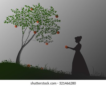 girl standing on the grass near the apple tree and holding the big red apple, fairy apple tree and young princess, twilight and shadows