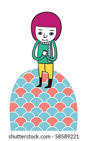Girl is standing on a mountain. Vector illustration.