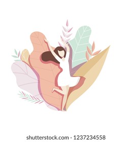 Girl standing on the natural background with big leaves, faceless young woman in beautiful nature vector Illustration